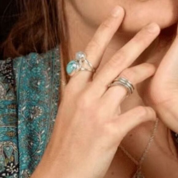 Boho Style Ring Inlaid Turquoise And Spherical Moonstone Match - Picture 2 of 6